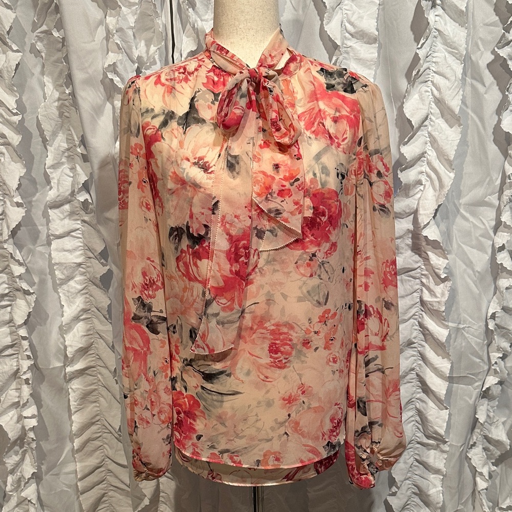 White House Black Market Floral Chiffon Blouse with Bow Tie